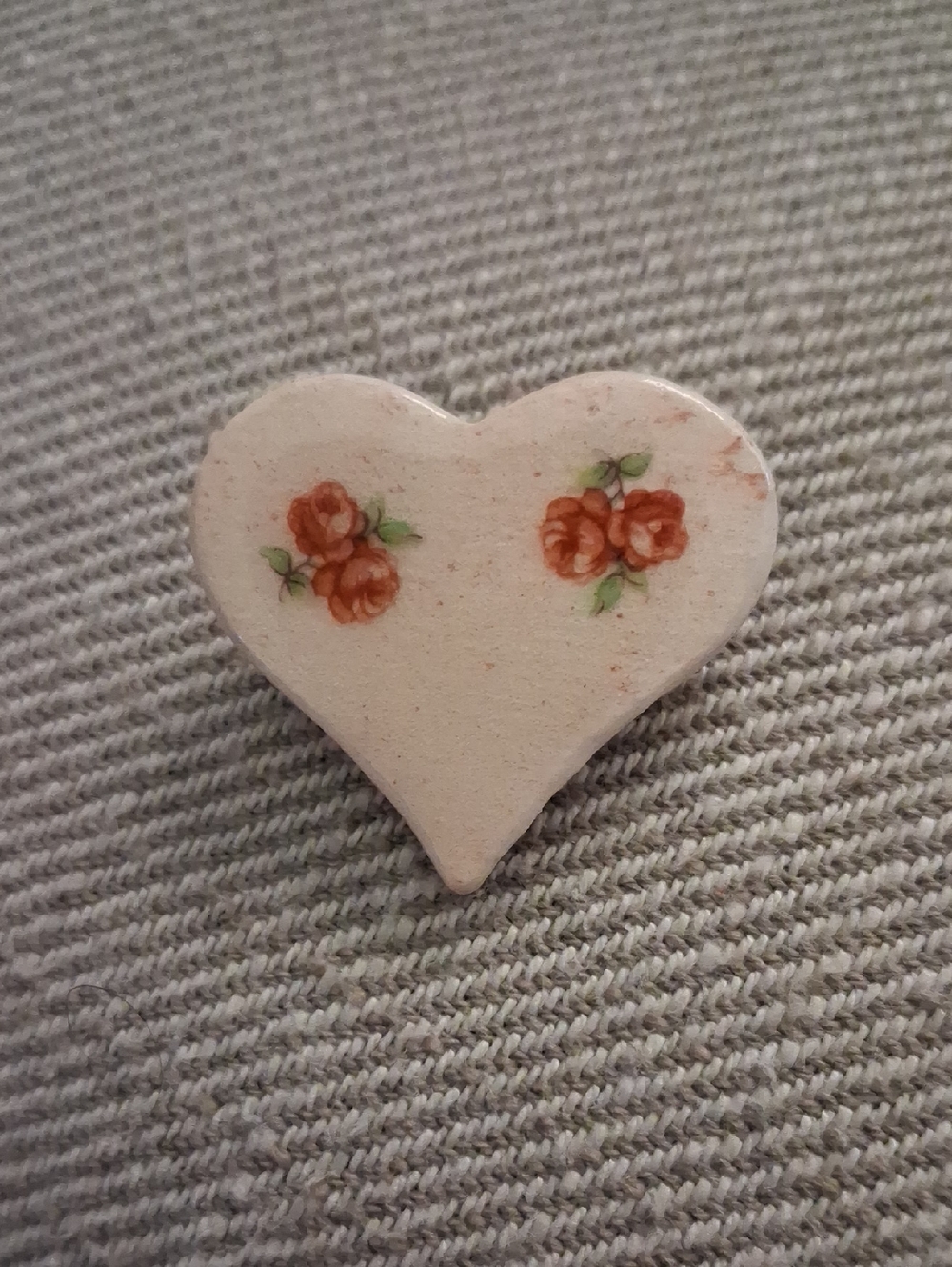 Vintage Cream Colored Heart Pin with Pink Rose Motifs